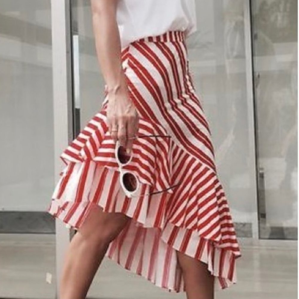 Zara Woman Asymmetrical White & Red Striped Skirt